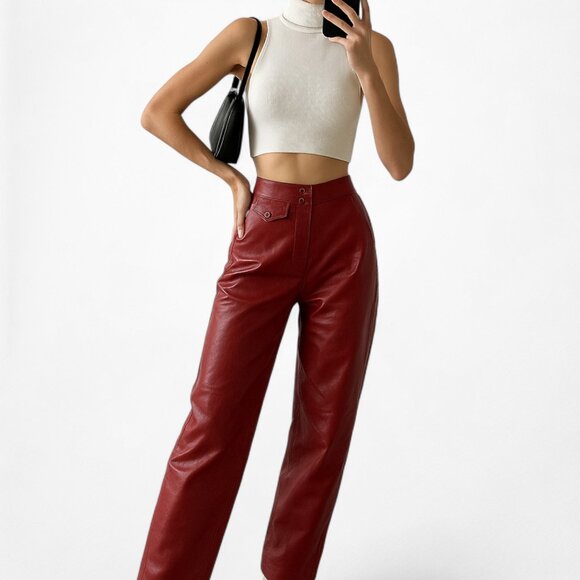 Vintage Y2K Red High Waisted Tapered Mom Style Faux Leather Pants Size XS/S - Picture 2 of 7